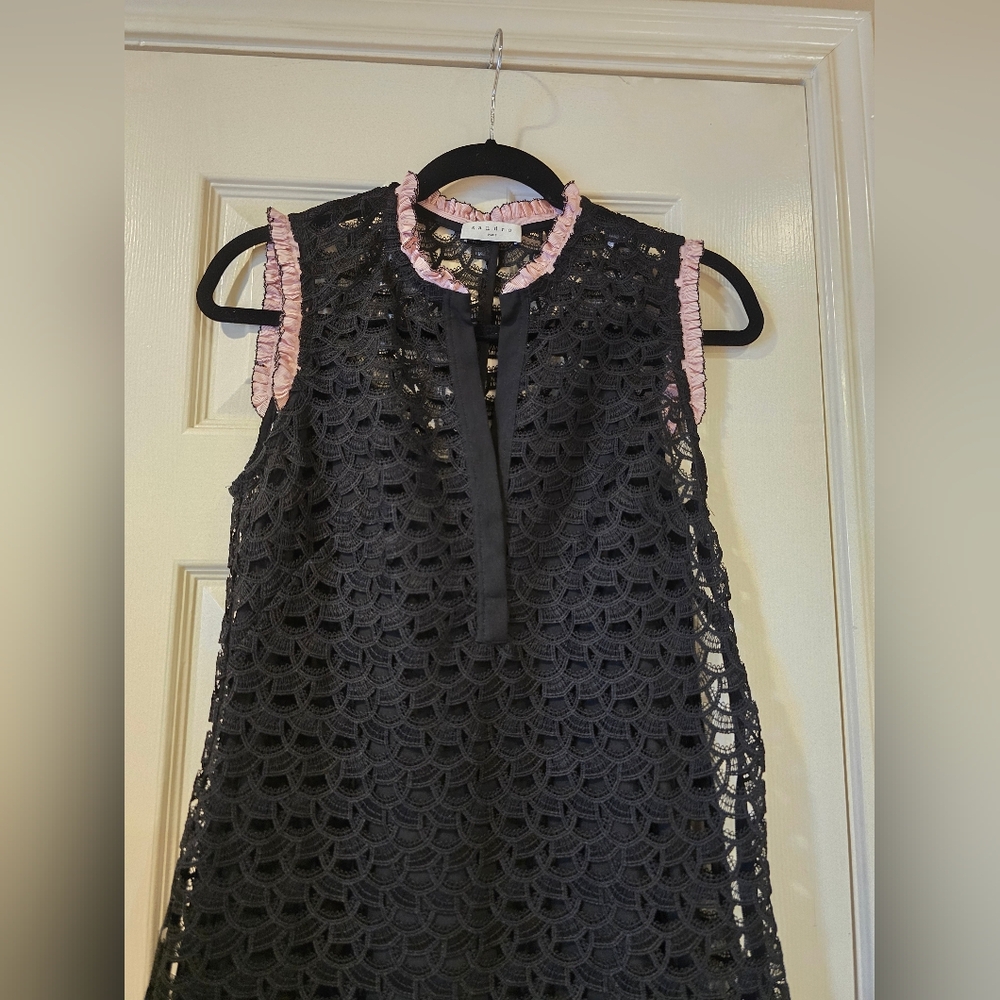 Sandro Paris Black Lace Sleeveless Mini Dress with Pink Trim Size 38 - Picture 2 of 9